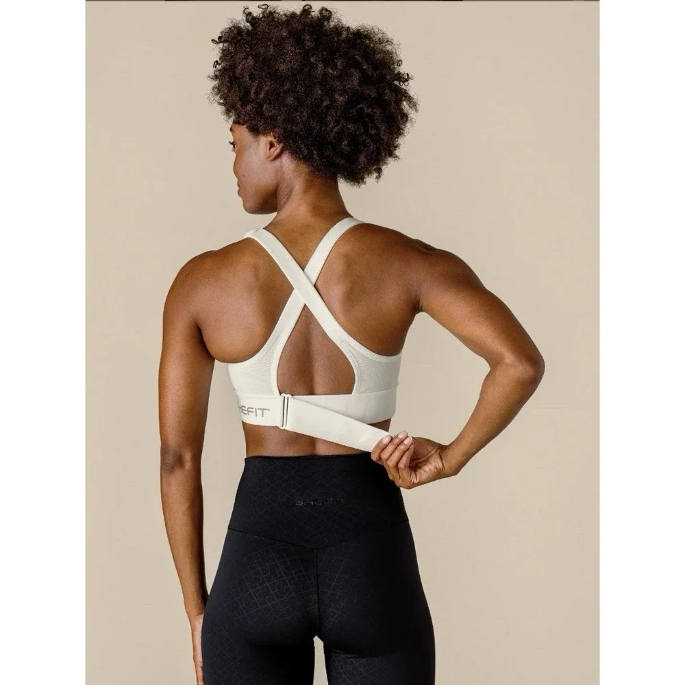 SHEFIT Ultimate White High Impact Medium Support Sports Bra Athletic Adjustable